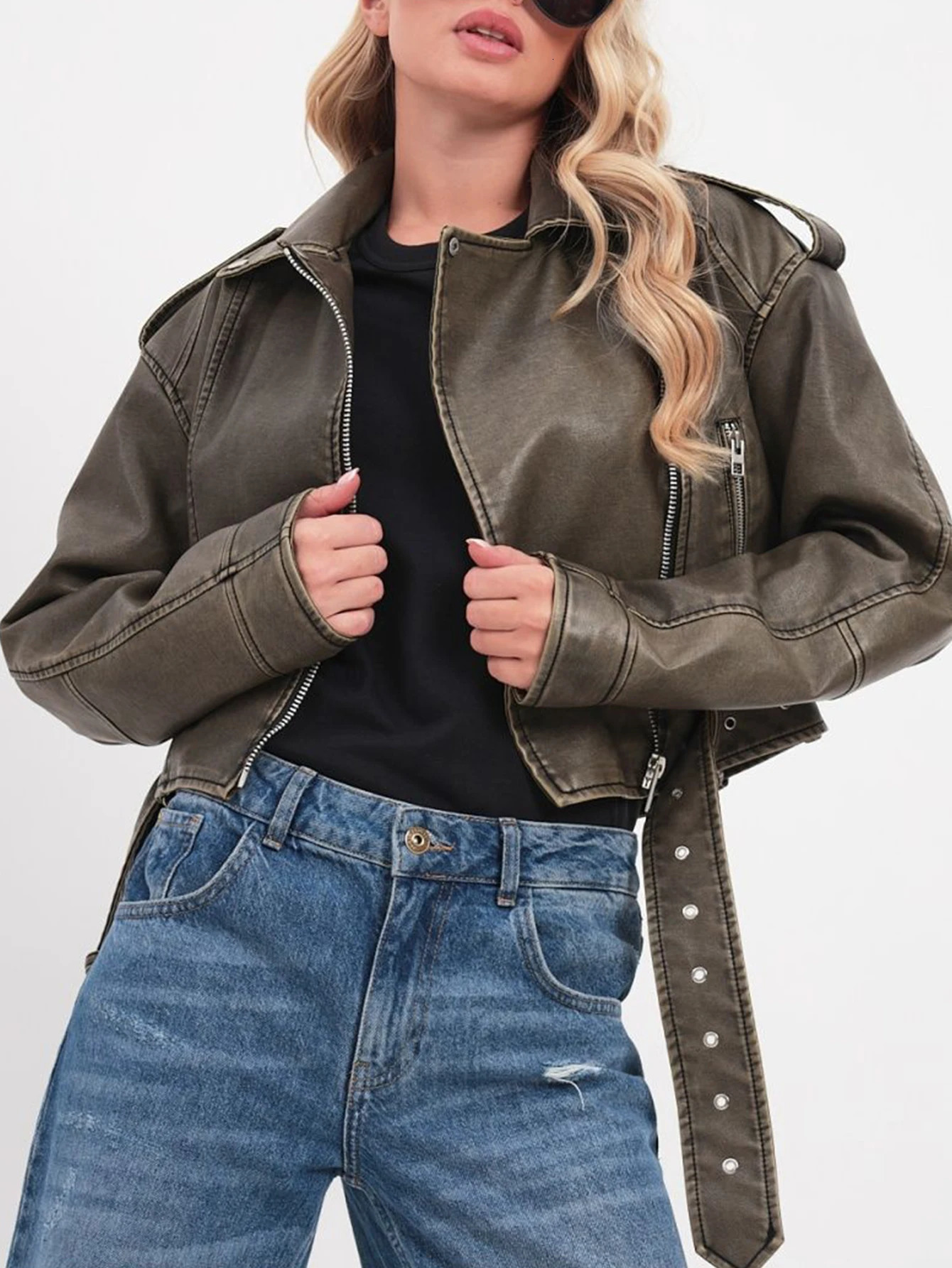 Womens synthetic leather short sleeved jacket retro womens belt zipper motorcycle 250409