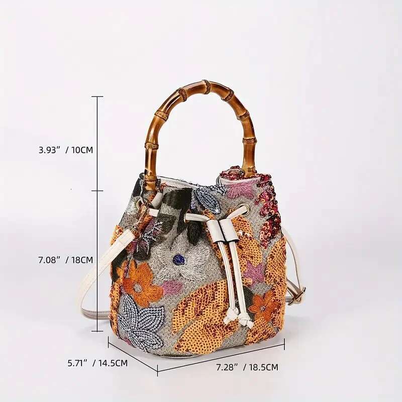 Fashion Sequin Embroidery Bucket Baboom Handle Women Handbags Wer Straw Shoulder Crossbody Bags Sumer Beach Tote Bag