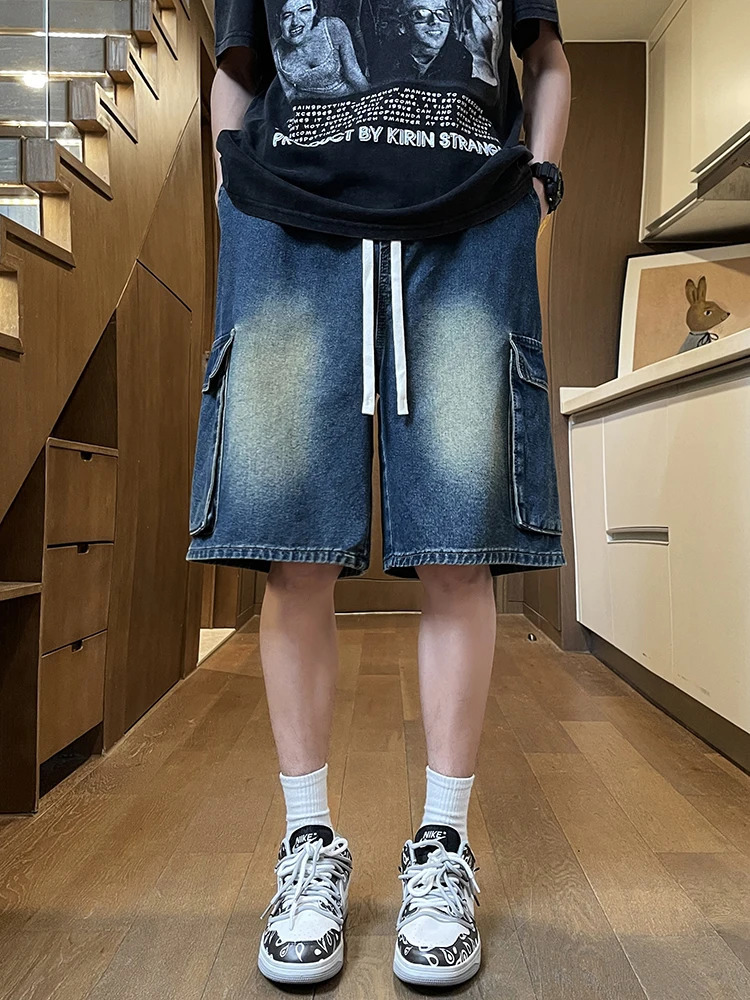Summer mens cargo denim shorts with straight fashionable and casual pockets wide leg large beach vacation 250409