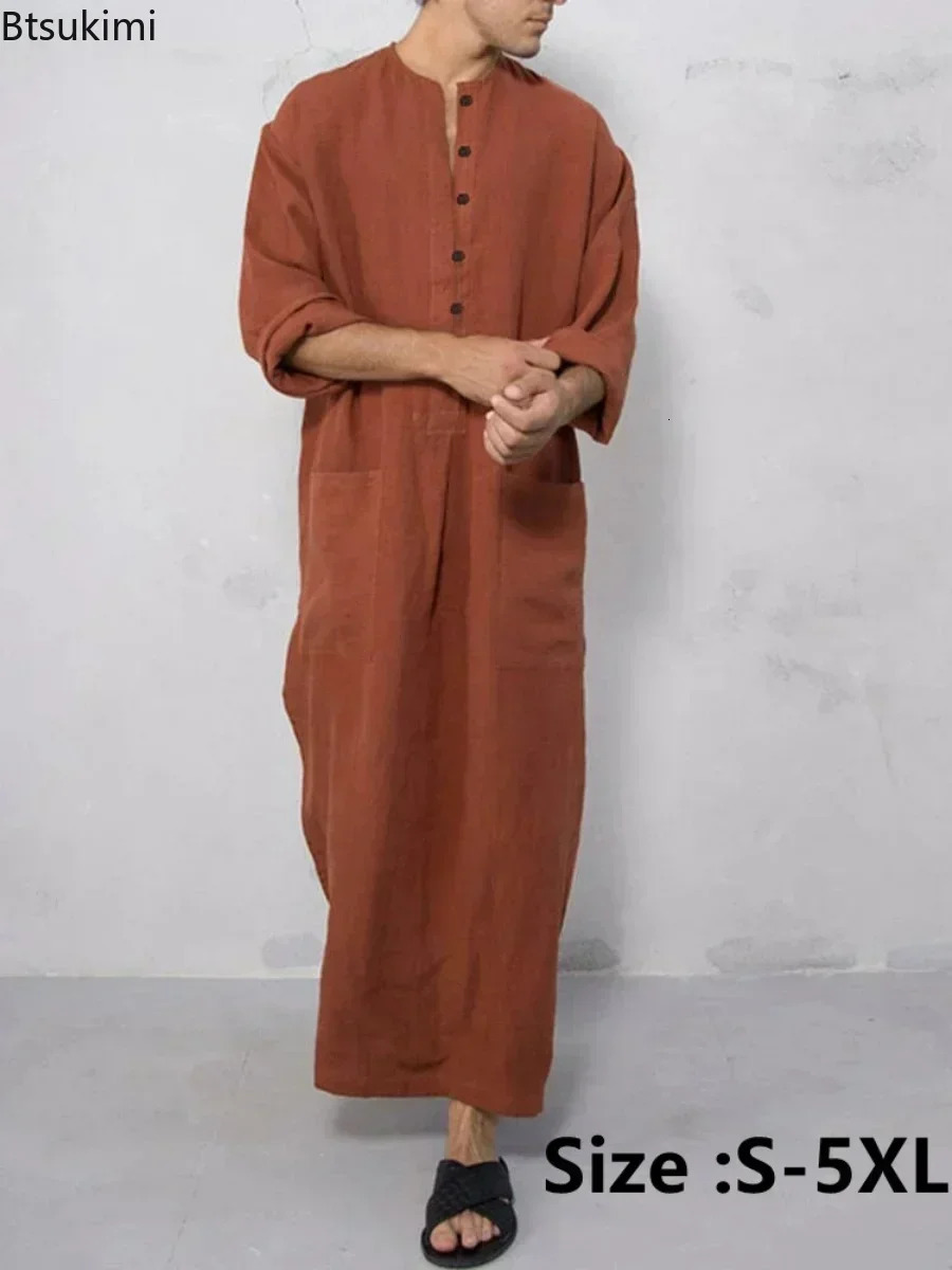 Retro Mens Islamic Arab Jubba Thobe Long Sleeve Solid Pocket Robe Saudi Arabia Abaya Dress Muslim Kaftan 250409