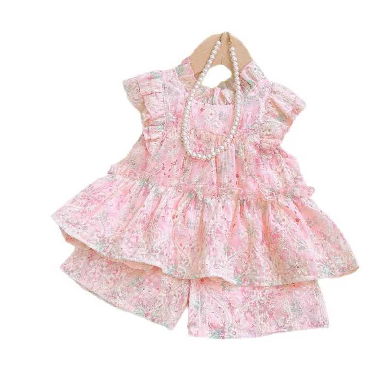 Summer Baby Girl 2PCS Clothing Set Sweet Lace Printed Sleeveless Shirt+Shorts Set Belle Girl Elastic Wiast Shorts Kid Girl Set S2548