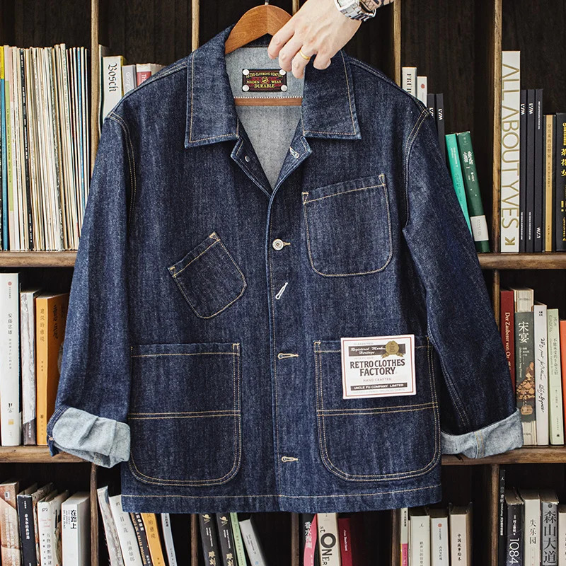Maden retro asymmetrical four pocket n mens denim jacket 14OZ single breasted lapel autumn work 250409