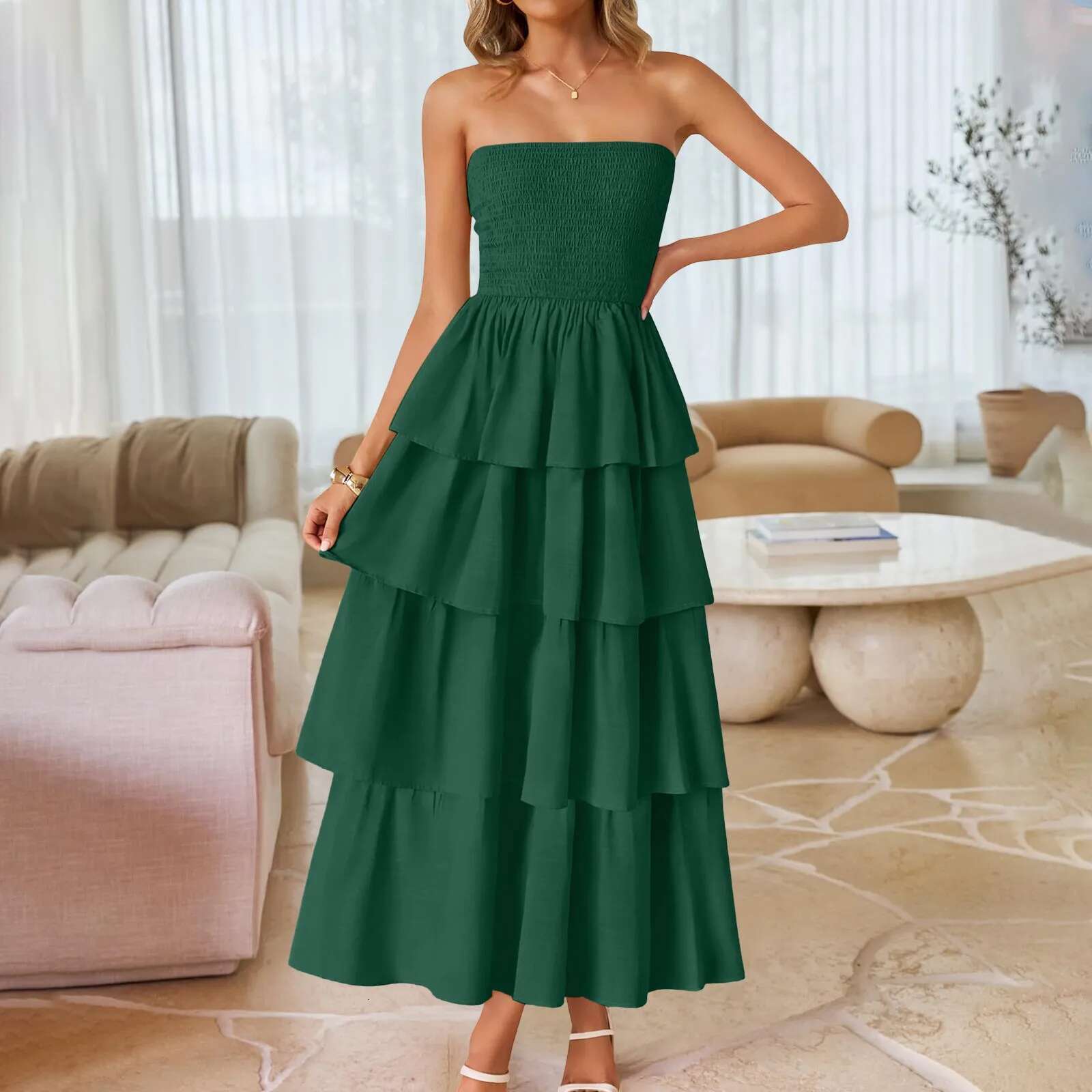 Dongdumaoyi Women S Summer Boho Strapless Maxi Dress Casual Sleeveless Off Shoulder Tiered Beach Long Tunic Cake Vacation Dresses
