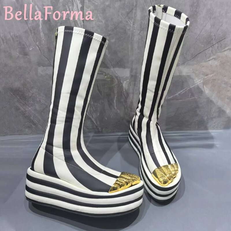 Women's Platform Gold Toe Creative Fashion Boots Striped Sheepskin Thick Sole Waterproof Zipper Ing Elastic Design Trend