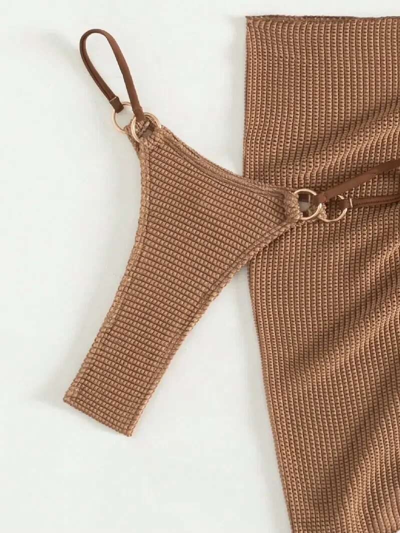 Sexy Brown Bikini Set 2024 Women Halter Push Bra Skirt 3 Piece Swimsuit Summer Bathing Suit Cover Up Thong Swimwear Biquini