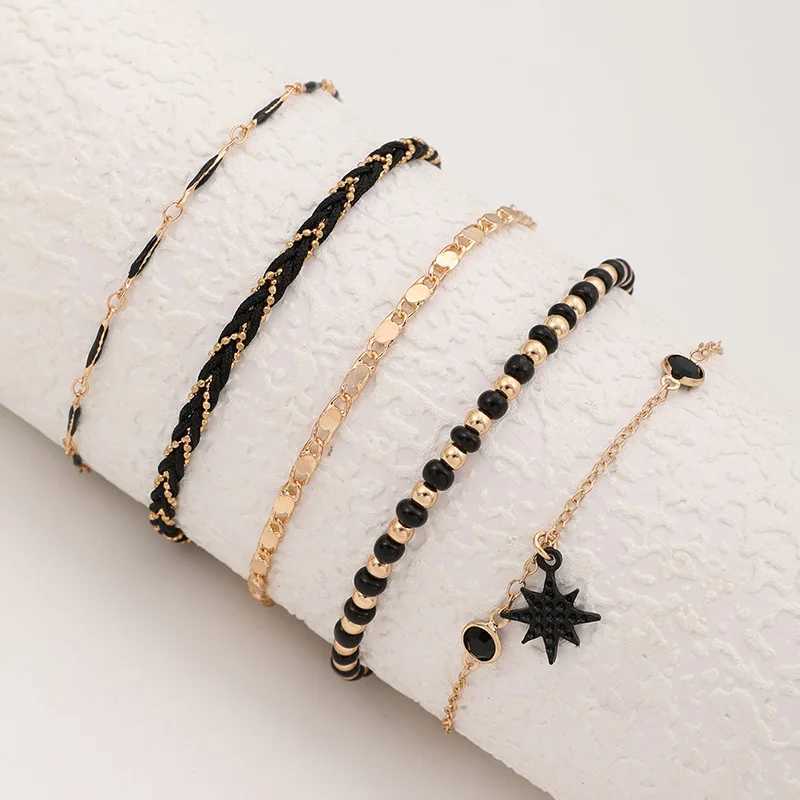 4-5pcs/Set Bohemian Woven Rope Foot Chain for Men and Women Geometric Alloy Black Beads Dropping Oil Anklet Set Z250408