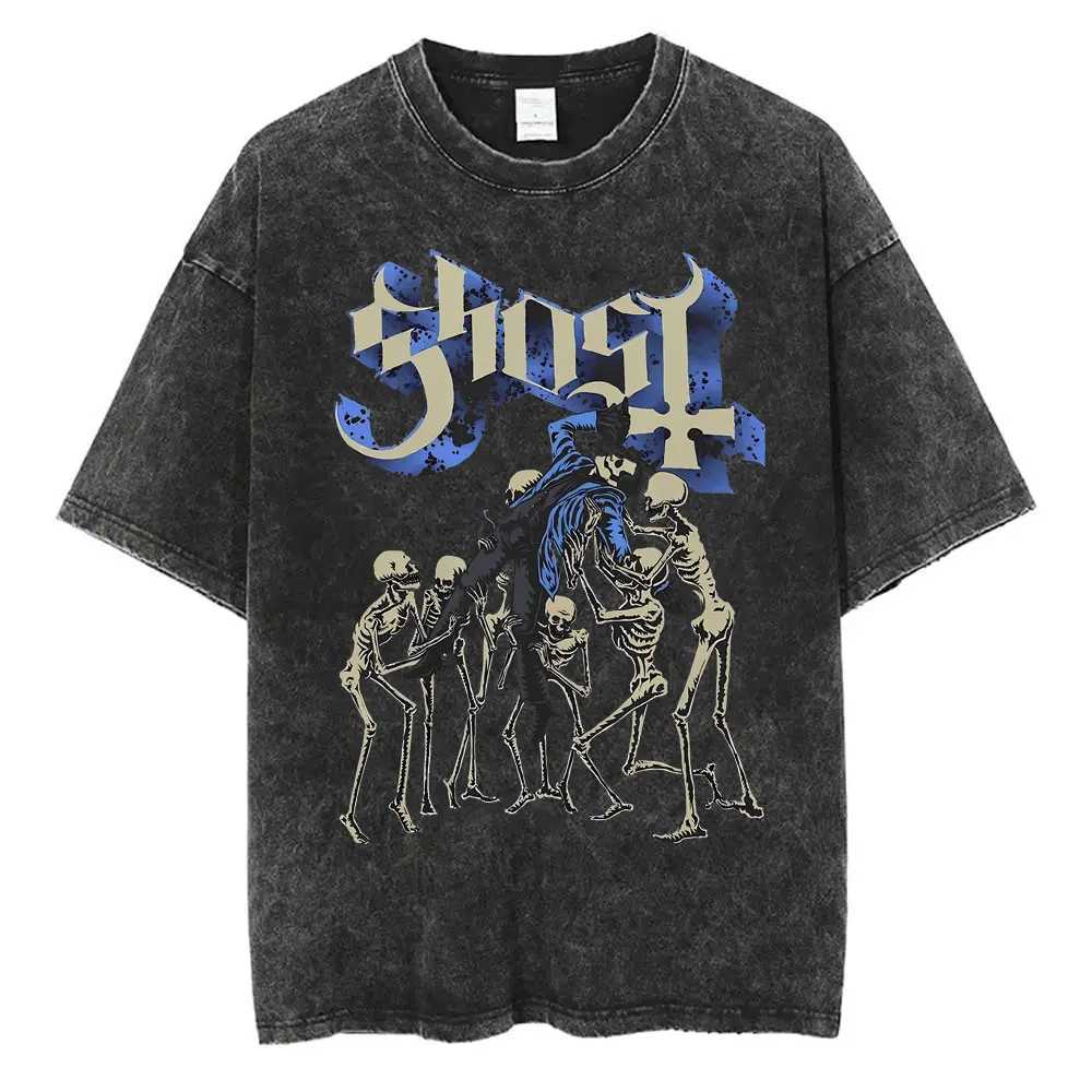 Ghost Band Graphic T-shirt Wash Retro Skeleton Rock Oversized Printed T-shirt Mens 90s Classic Gothic Punk Metal T-shirtXJ250409