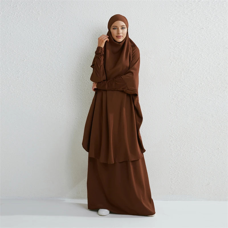Muslim Set Two Piece Prayer Dress Long Hooded Smoking Sleeve Headscarf Loose Skirt Elastic Waist Womens Abaya 250409