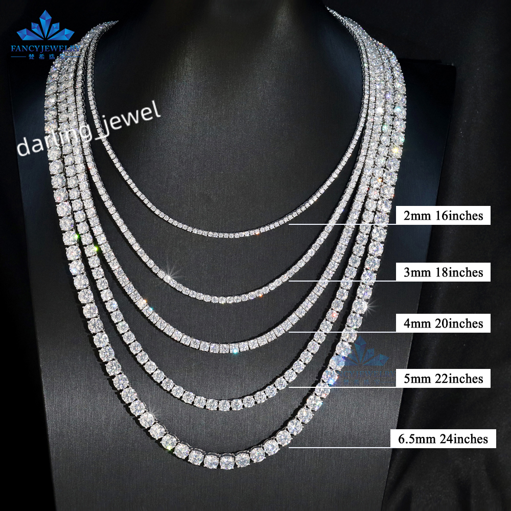 Pass Diamond Tester Large Stock 2.0mm-6.5mm VVS Moissanite Diamond 925 Silver Iced Out Tennis Chain Necklaces Hip Hop Jewelry