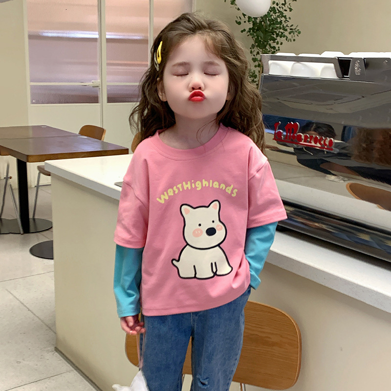 Ddmyshoesvip Girl S Color Blocking Fake Two Loose Long Sleeved T Shirts For Spring New Baby Base Shirt Children S Clothing
