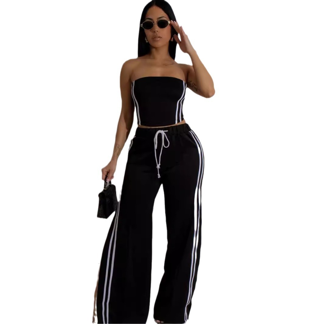 2025S Designer Women S Set Summer New Solid Color Stripe Short Fit Sexy Strapless Strap Wide Leg Pants Set