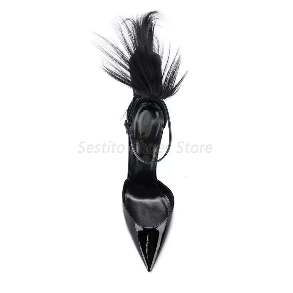 Sexy Black Fur Pointed Toe Sandals For Women Fashion Patent Leather Ankle Strap Thin High Heels Summer Banquet Party Dress Shoes