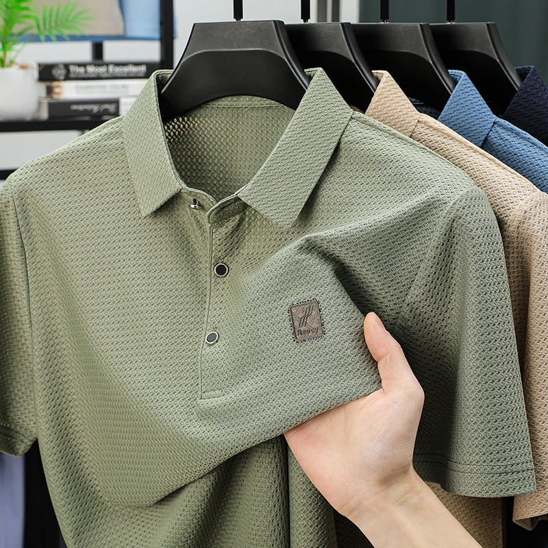 High End Summer Mens Ice Silk Polo Shirt Selling Fashion Leisure Plaid Print Non Ironing Mens Short Sleeved Top 250407