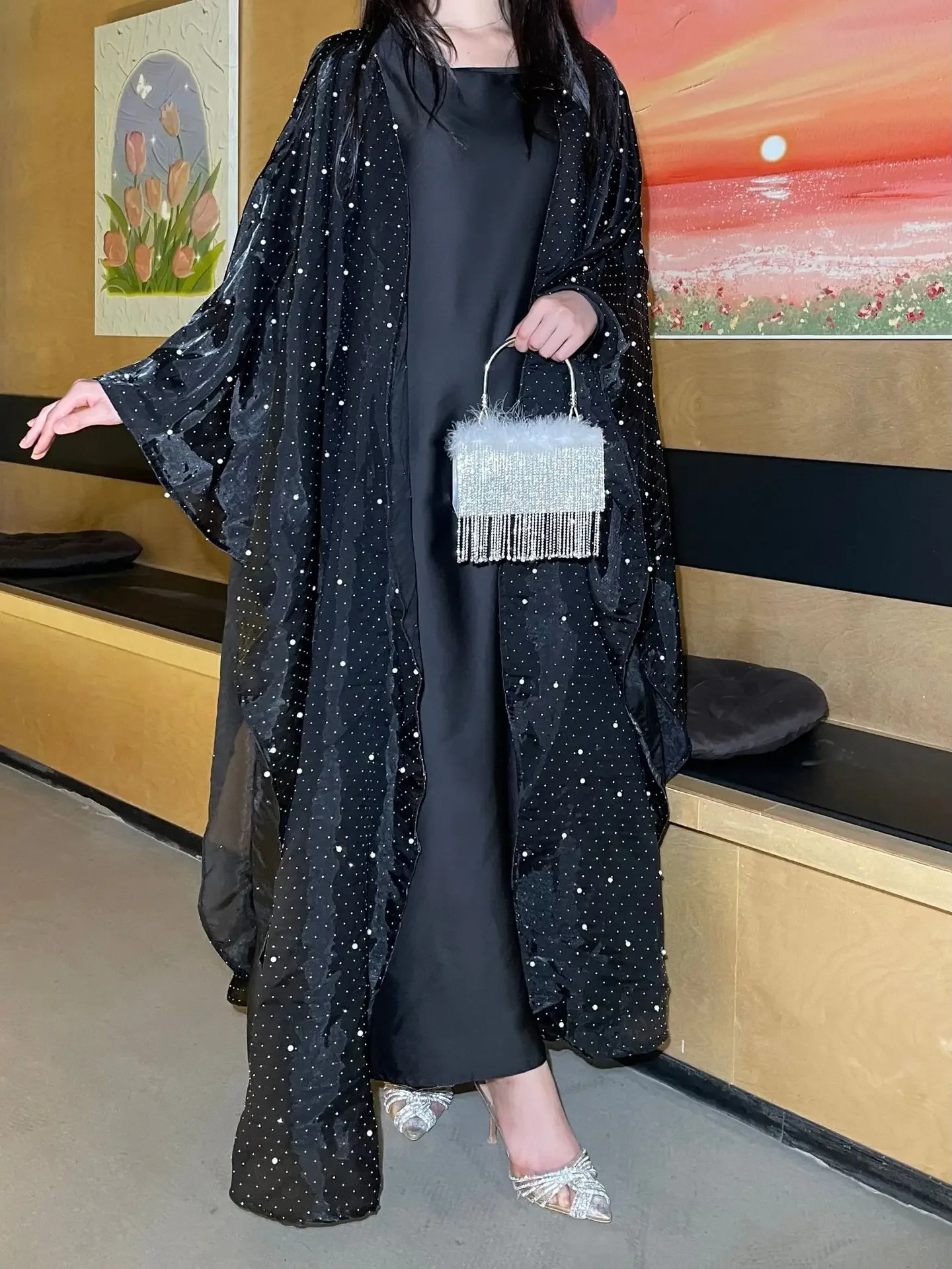 Dress 2piece set for Muslim open Abayas womens party cardigan wool sweater diamond Jalabiya Morocco Kaftan Eid al Fitr Dubai Vestidos 250409
