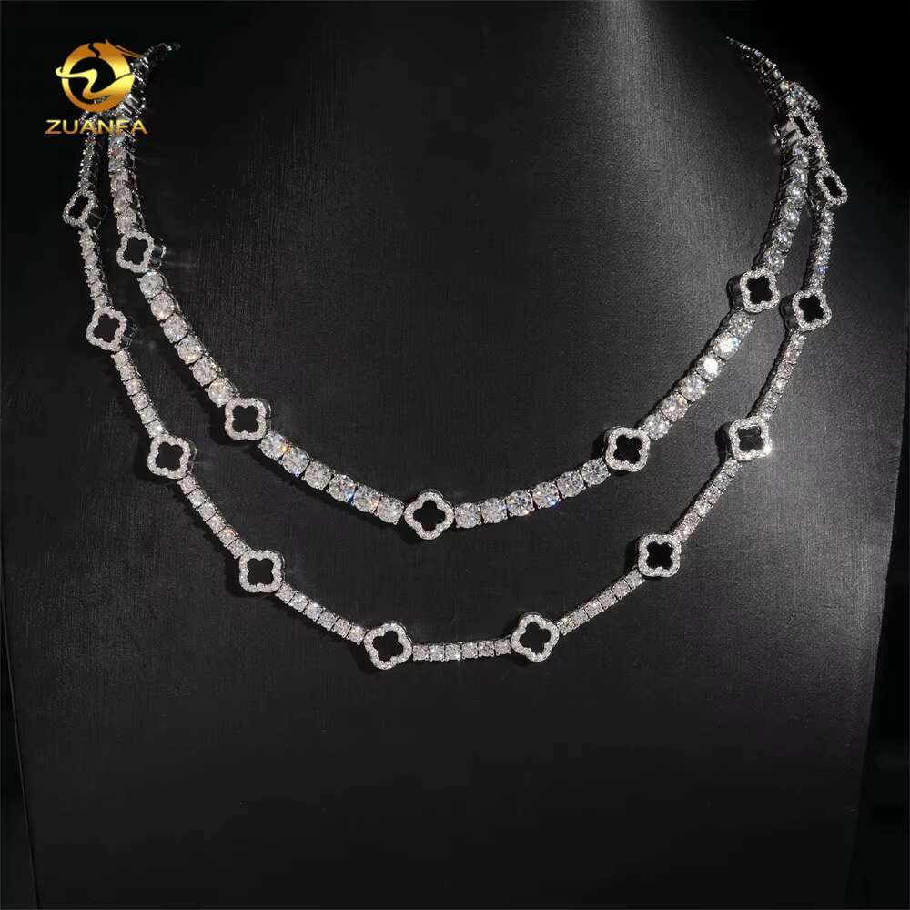 Iced Out 3mm 5mm 925 Silver Moissanite Diamond Tennis Necklace with Flower Design Fashion Tennis Jewelry for Men Women
