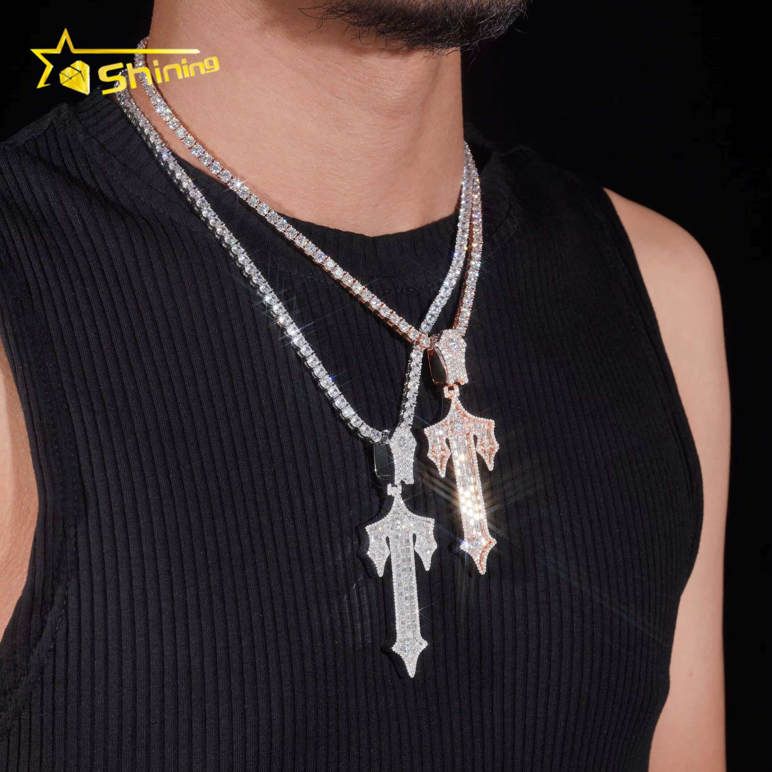 New Design 925 Sterling Sliver Gold Plated Pass Diamond Tester 2.5 Inches VVS Moissanite Iced Out Custom Cross Pendant Necklace