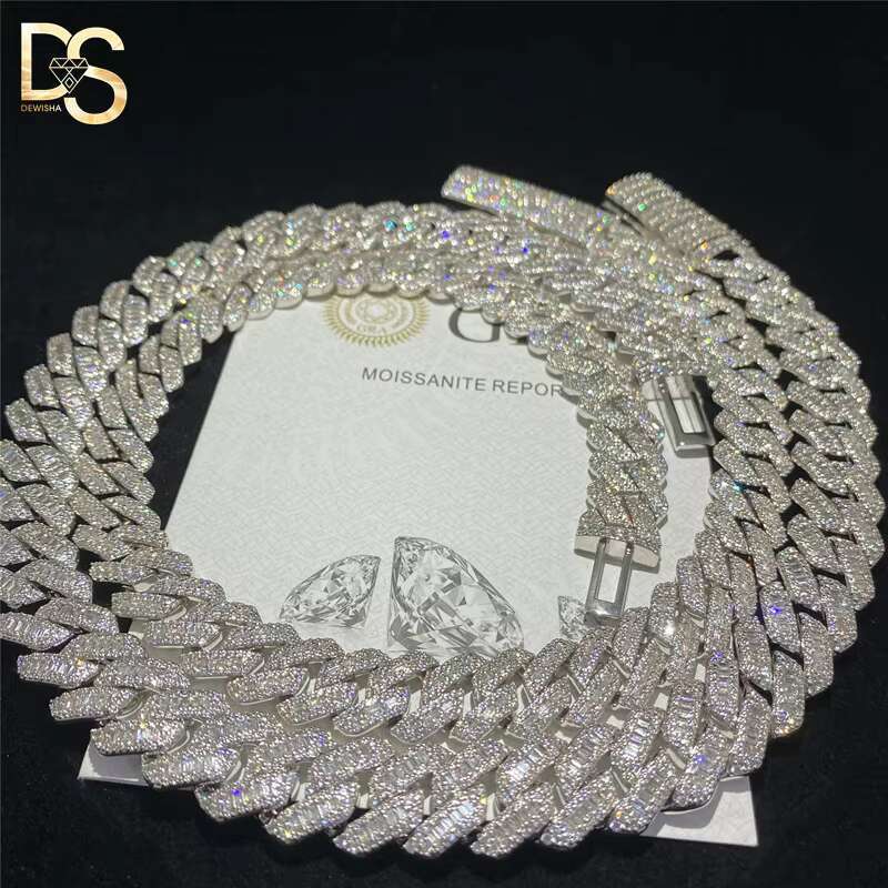 New Fashion 15mm Hip Hop Mens S925 Silver Plated Moissanite Diamond Iced Out Cuban Chain Necklace