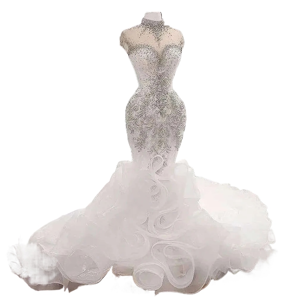 Arabic Aso Size Ebi Plus Luxurious Beaded Crystals High Mermaid Bridal Dresses Sheer Neck Wedding Gowns N10
