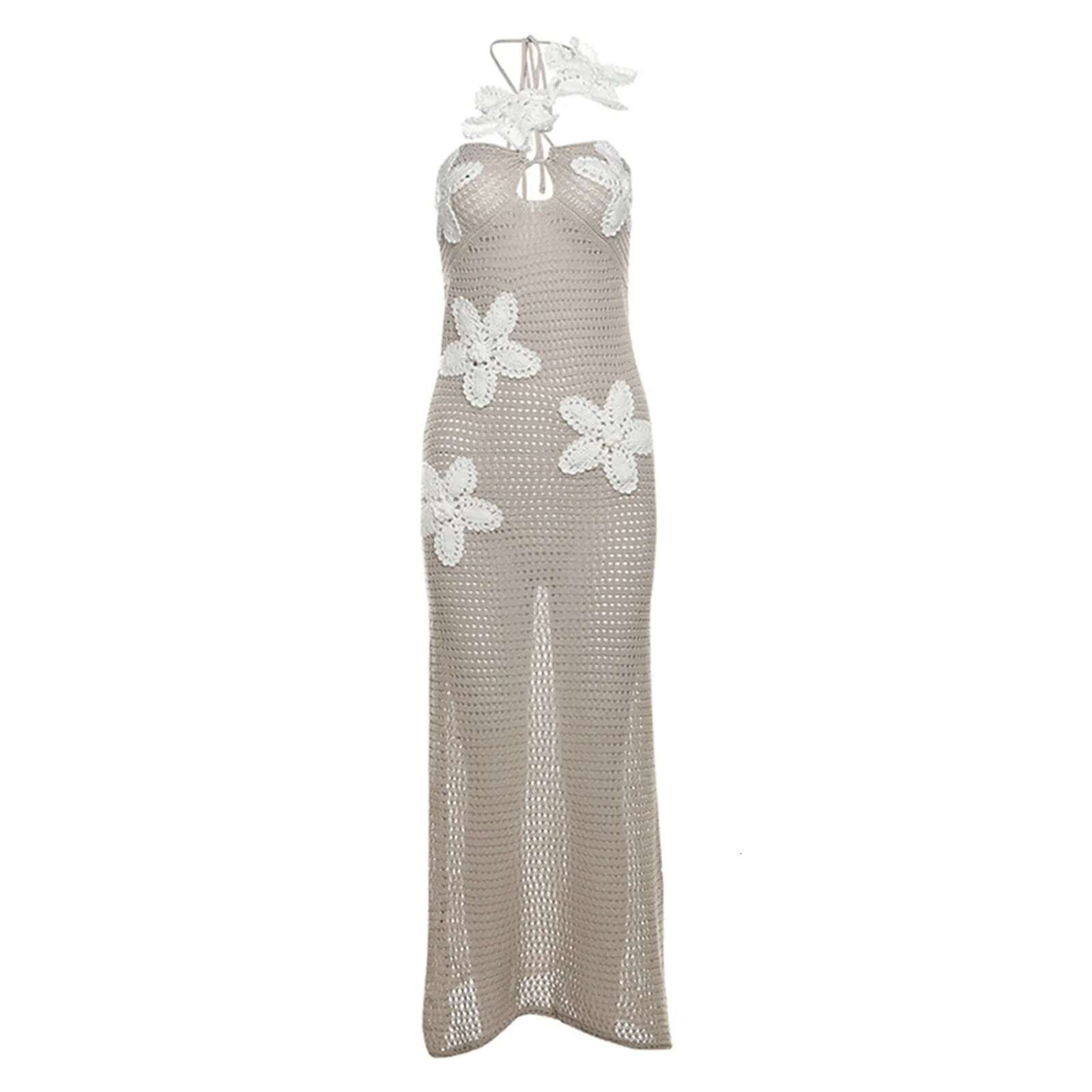Dongdumaoyi New Knit Dress Sexy See Through Halter Women Maxi Blue Backless D Flowers Female Summer Holiday Elegant Beachwear