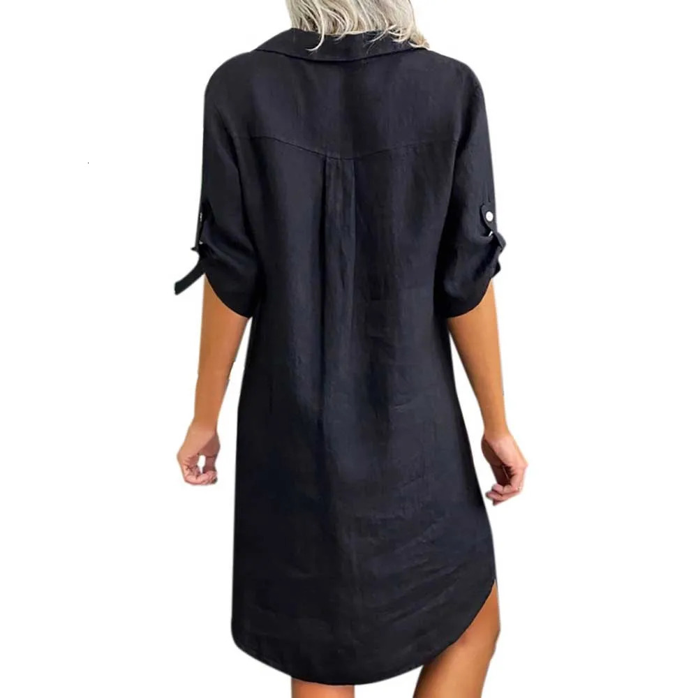 Cotton linen OL shirt dress retro casual lapel short sleeved loose solid mini womens vest FYY1062 250409
