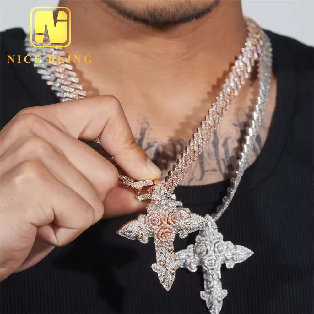 NEW ARRIVAL 3d Rose Cross Pendant Moissanite Pass Diamond Tester Iced Out Pendant Religious Jewelry Moissanite Hip Hop Pendant