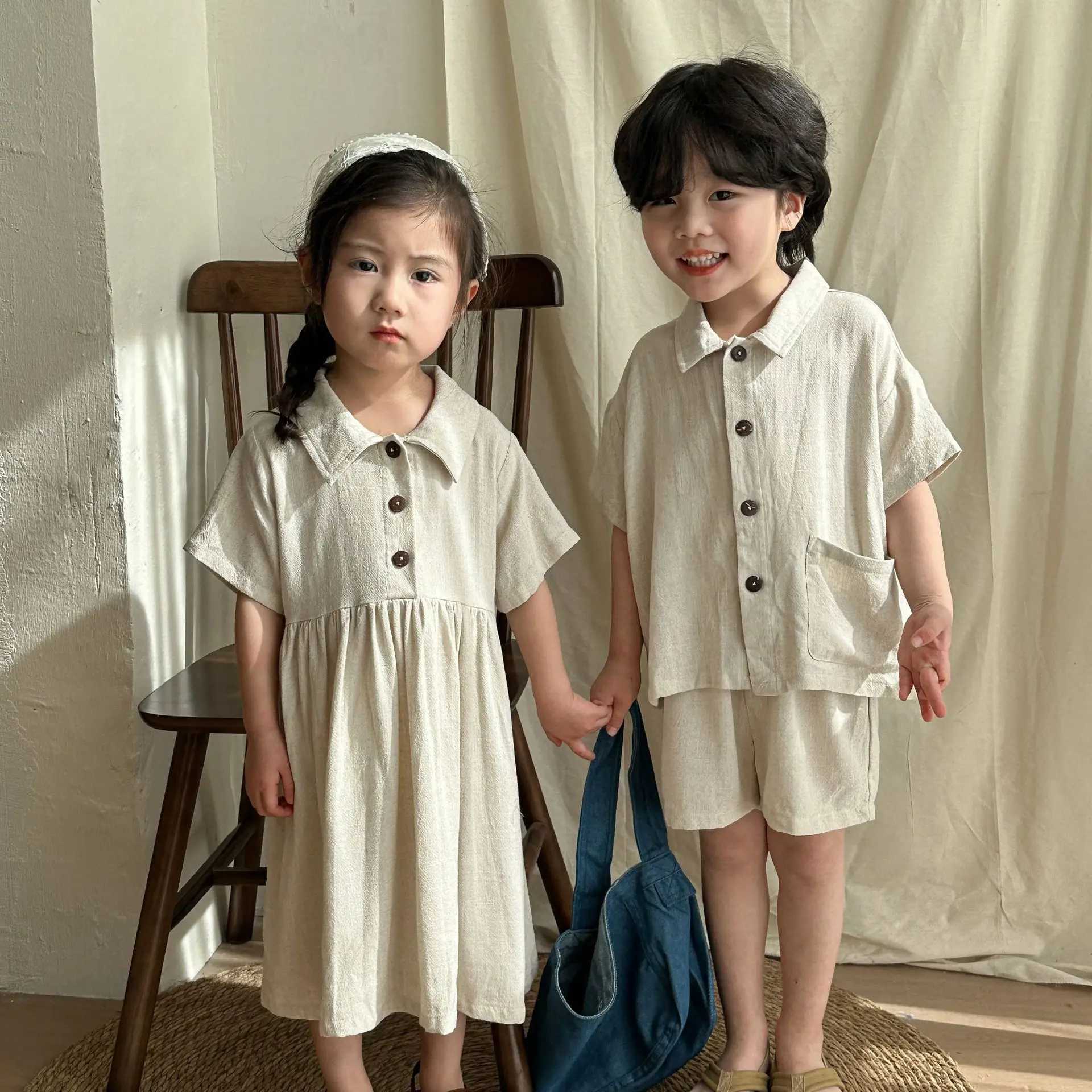 2024 Summer Apparel Brothers and sisters Set Girls Childrens Linen Solid Short Sleeve Dress Boys Baby Loose Casual Top+Shorts 2 S2548