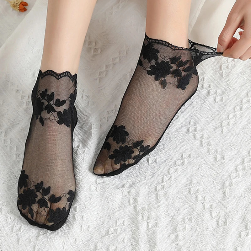 5 PairsLot Socks womens Lace Transparent Lolita Invisible Summer Thin Non-slip Short Ankle Black Low Cut Boat Sock 250409