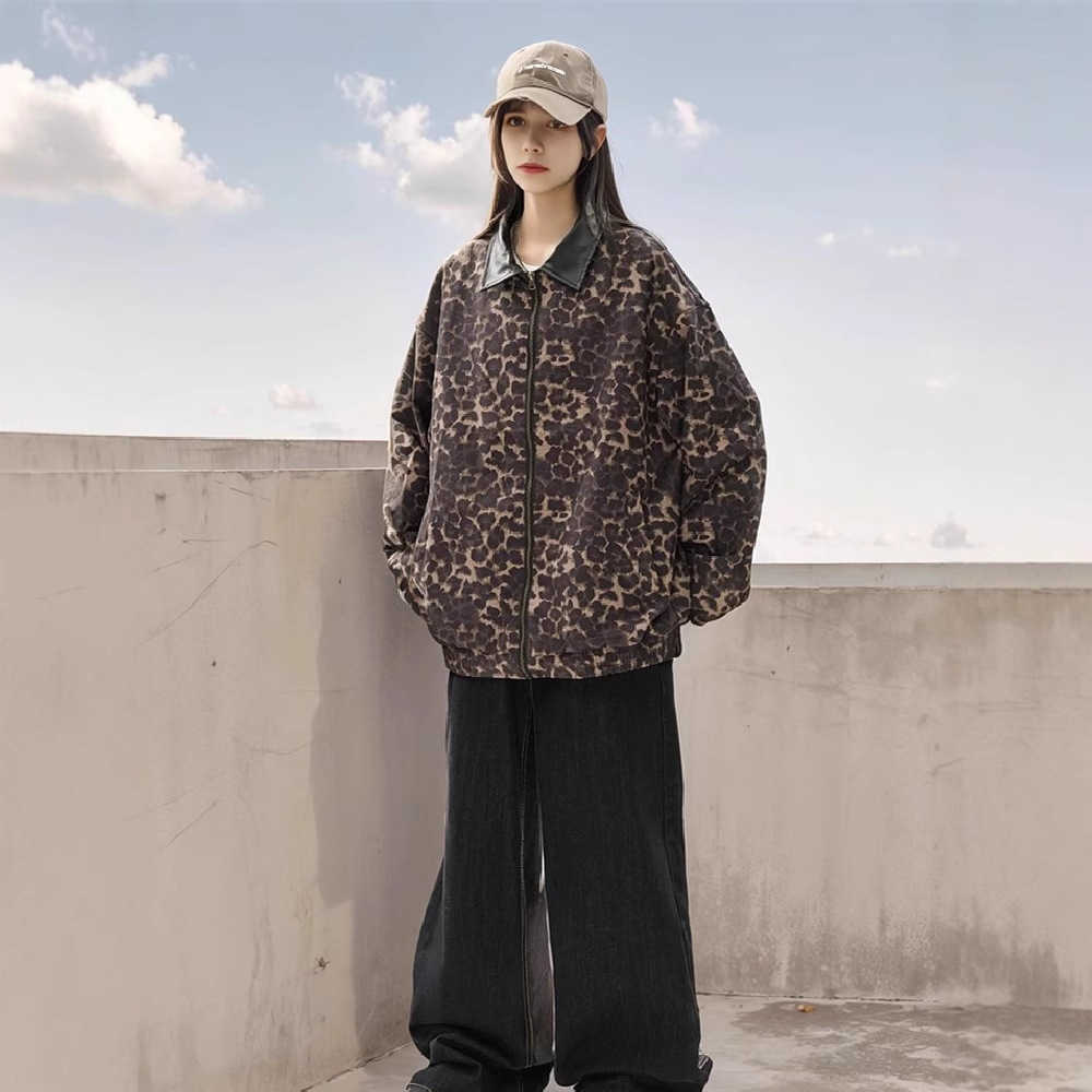 Womens clothing European and American style leopard print padded cotton loose fit sailboat cotton jacket X241120