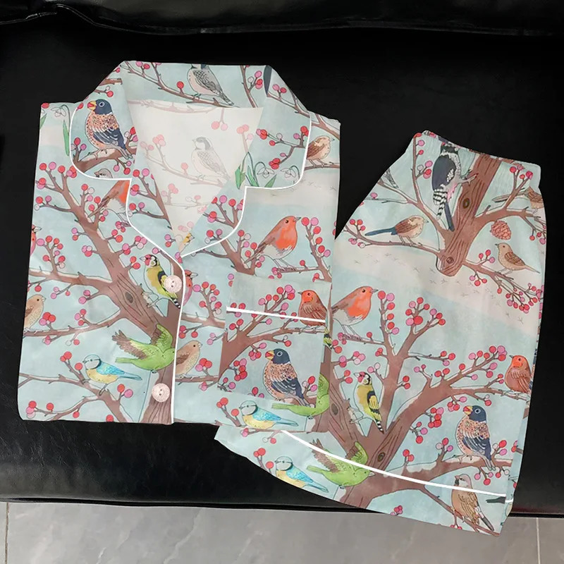 Niche Light y Ice Silk Pajamas Womens Summer Rural Bird Pattern Short Sleeve Set 250409