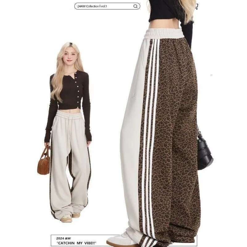 Leopard Print Patchwork Thick Sweatpants For Women, American Retro Hip-Hop Loose Fit Brand Striped Sports Casual Pants