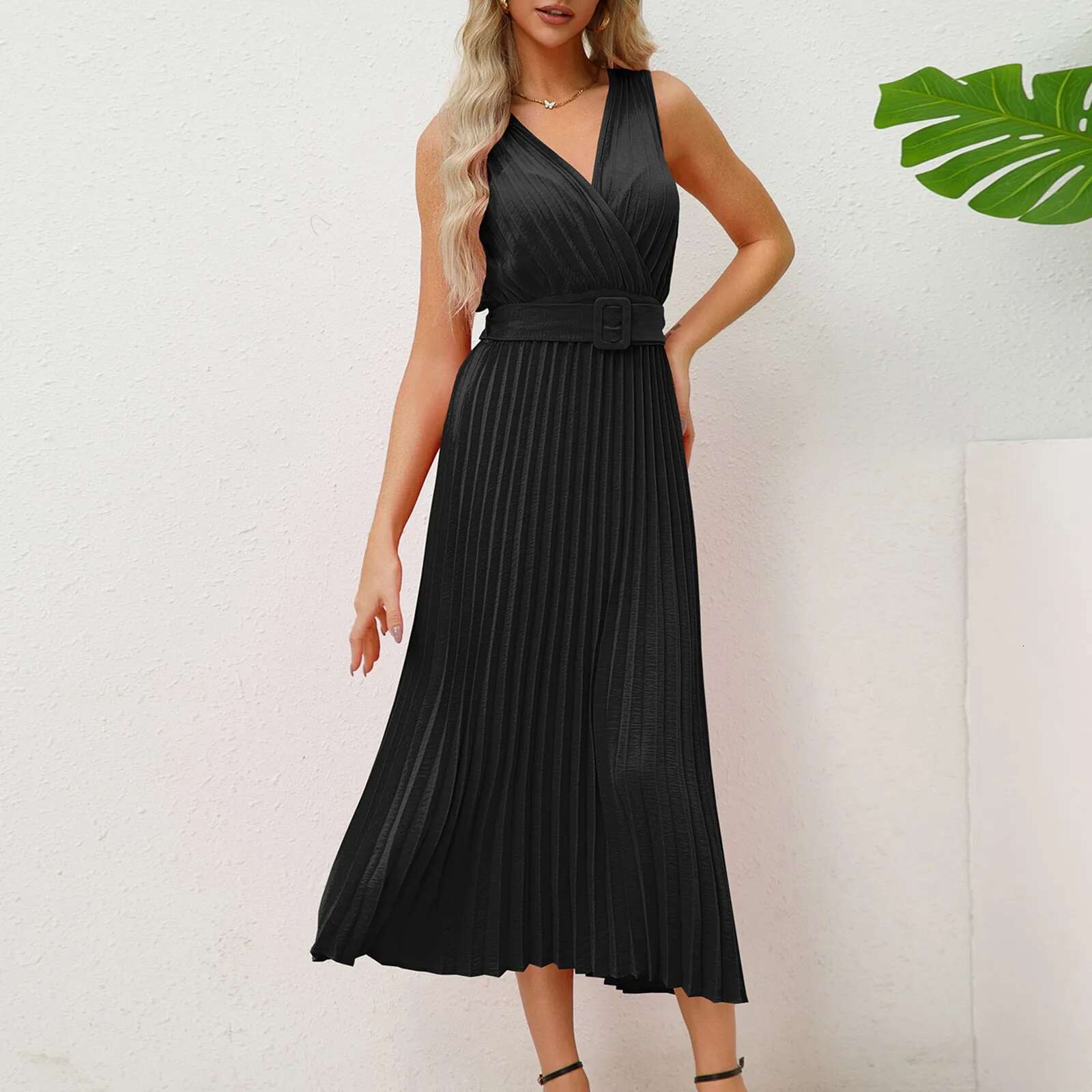 Dongdumaoyi New Summer Pleated Dress For Women Elegant Office Ladies Sleeveless Evening With Belt Maxi Dresses Clothes