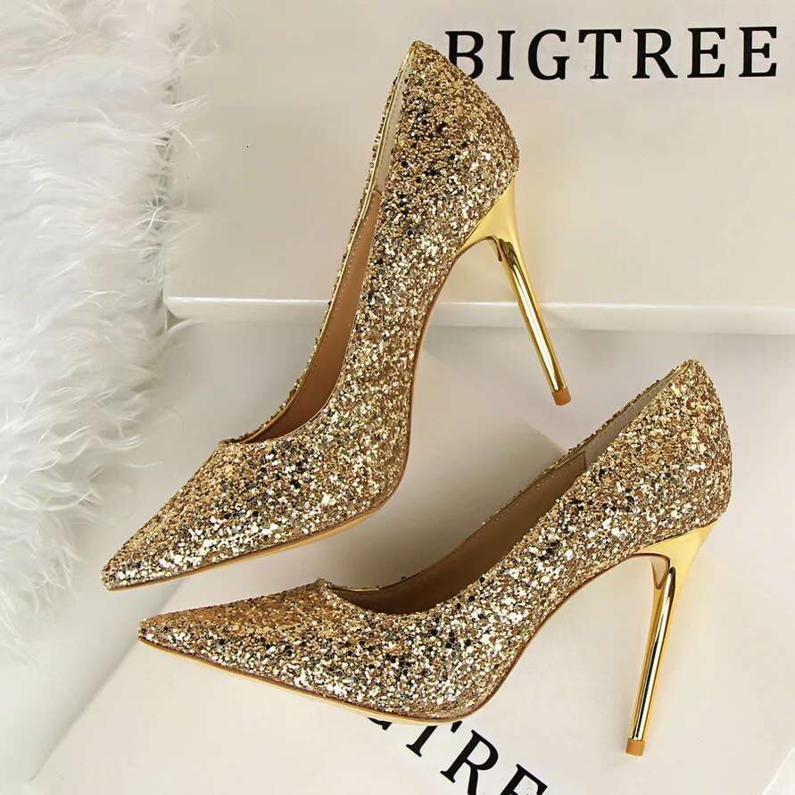 New Autumn Cinderella Women Bg Sequined Cloth Fashion High Heels Shoes Woman Pumps Pointy Toe Ladies Party Wedding Shoe