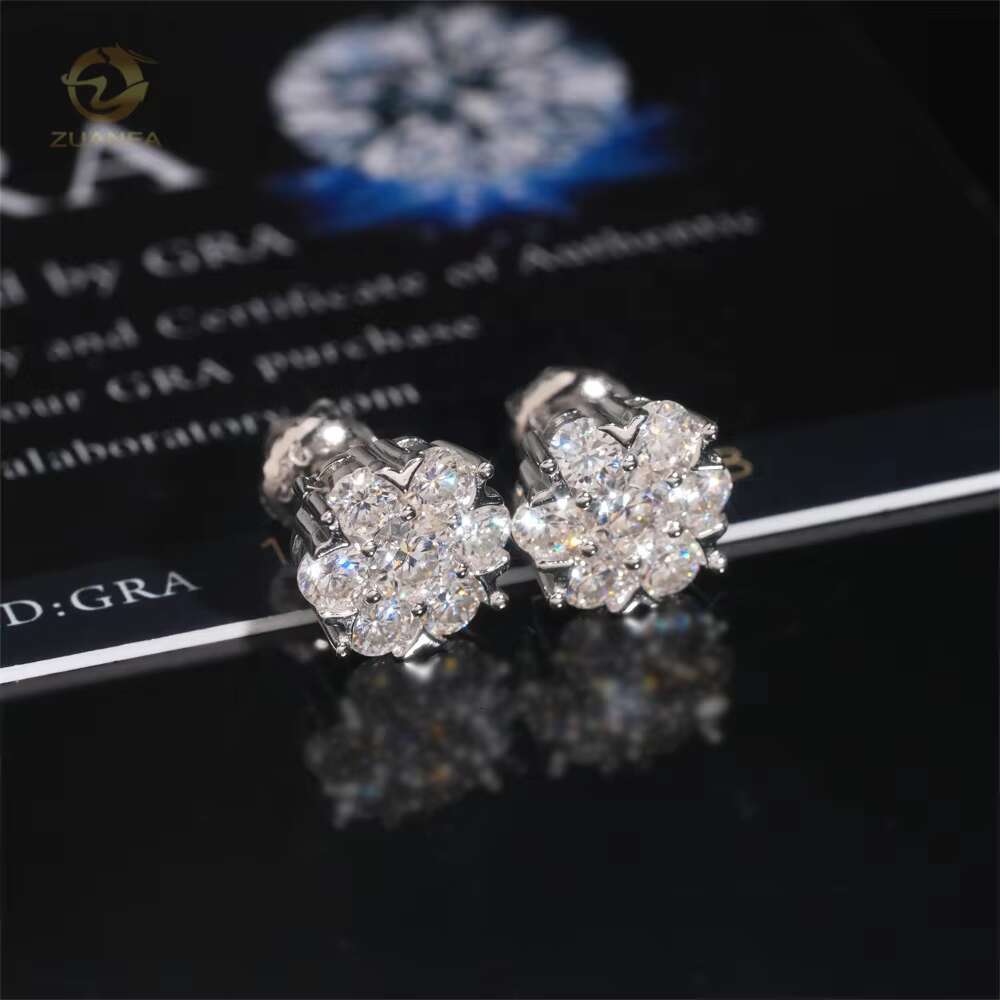 High Quality Shining Bling Flower Hip Hop 925 Silver Diamond Stud Moissanite Earrings