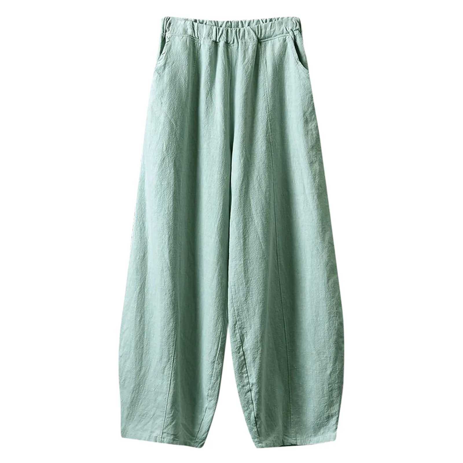 Linen pocket elastic breathable Trouser wide leg Trouser 2023 loose cotton waist pants womens pantsXJ250403