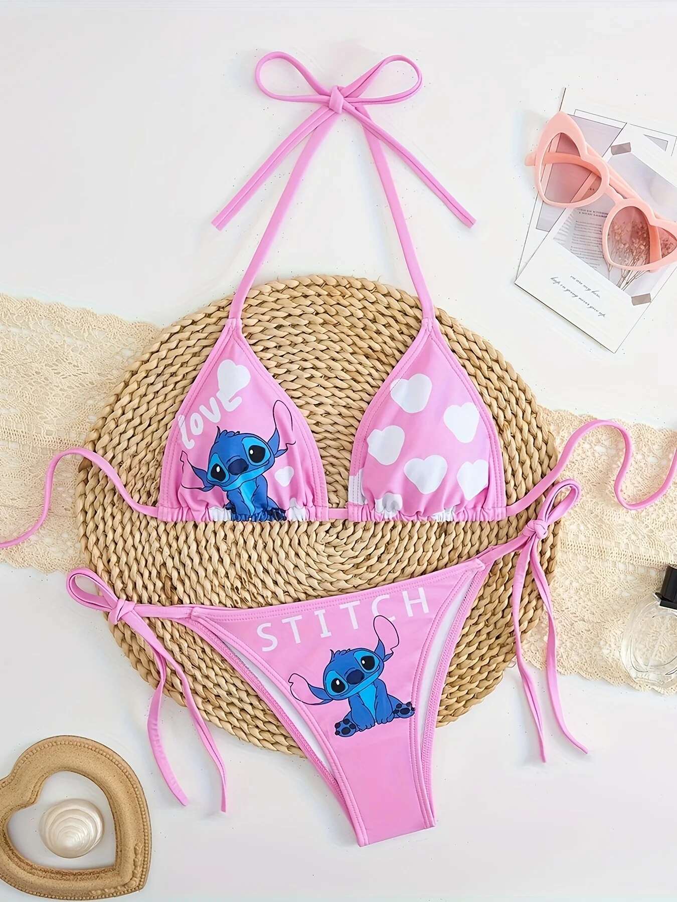 2 pcs/a set Cute Cartoon Bikini Small Breast Gathers Beach Vacation Style