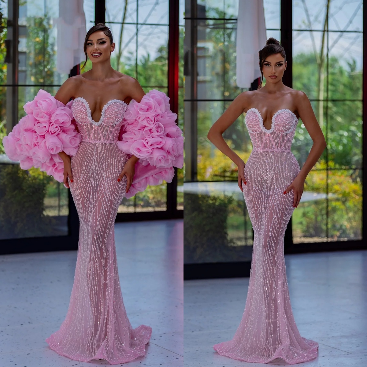 Luxurious Evening Dresses Sweetheart Neck Sleeveless Gown Sequins 3D Flower Sweep Train Dress Party Customized Dress