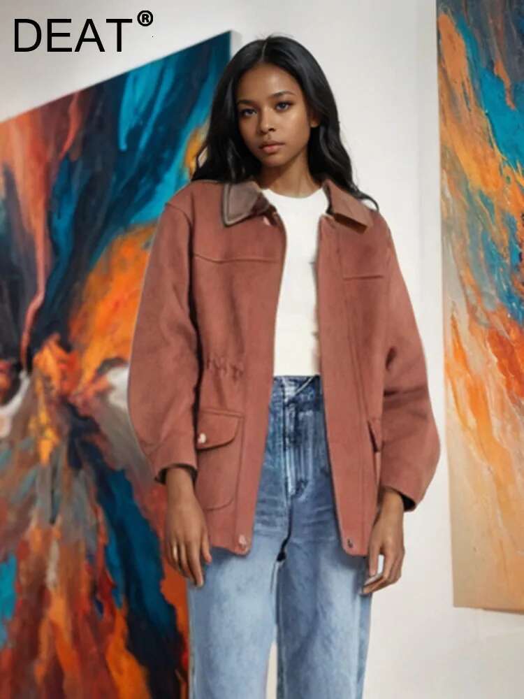 Trendy Women's Elastic Waist Design Loose Coat Autumn Vintage Fashion Lapel Long Sleeve Zipper Jacket Female