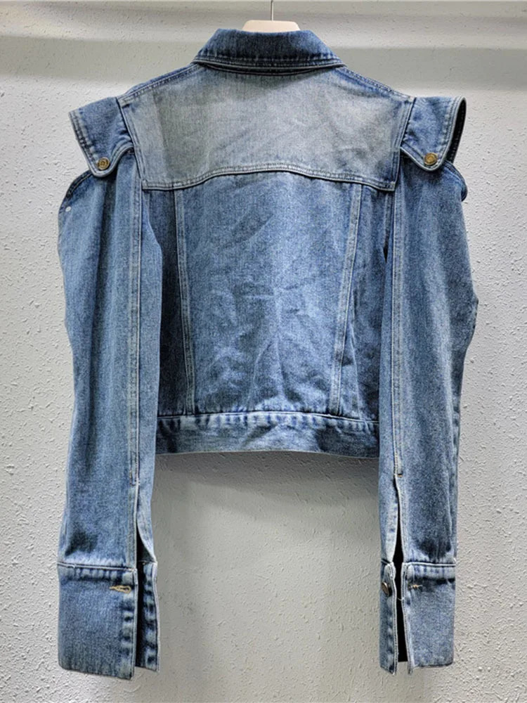 DEAT trend womens ruffled shoulder n denim jacket autumn fashion lapel long sleeved 33A1708 250409