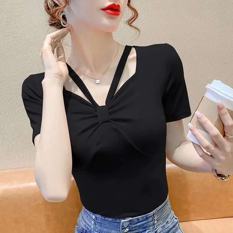 Summer Women Clothes Fashion Casual Simplicity Solid Color Short Sleeve T-Shirt Women's Slim All-match Temperament V-neckTops