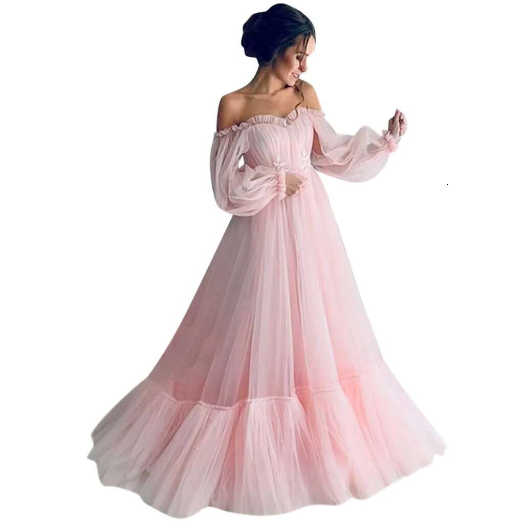 Dongdumaoyi Retro Princess Dress Women Solid Color Long Sleeve Slash Neck Fashion Tulle Full Female Gauze Lantern Prom Robe