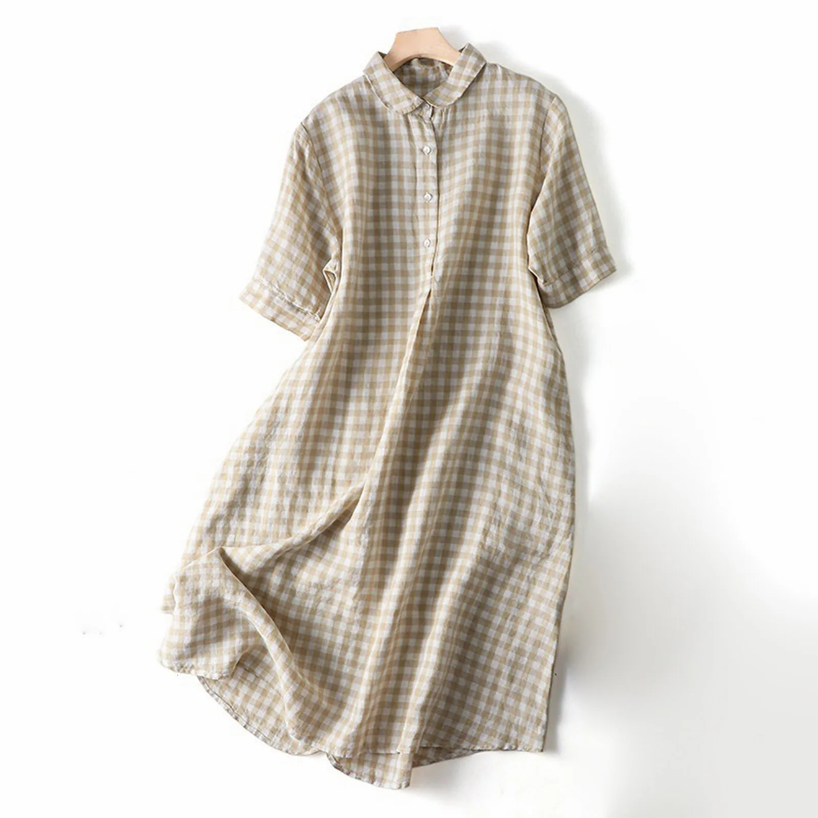 Womens casual cotton linen plain weave shirt dress Korean fashion short sleeved oversized long skirt spring and summer 250409