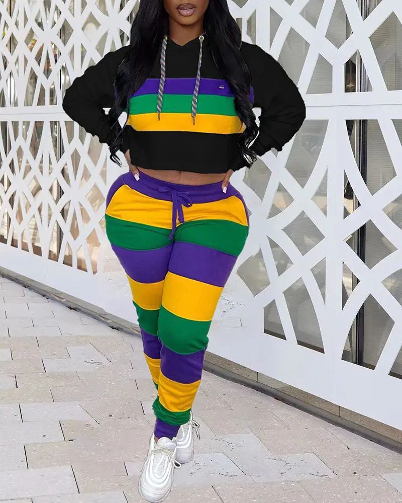 2025S Designer Women S Set New Orleans Festival Striped Contrasting Lace Up Tight Pants Short Hooded Top Sports Suit