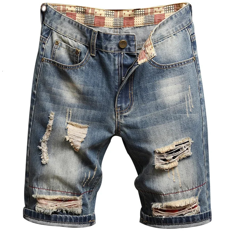 Summer Mens Retro Open Front Shorts Street Clothing Fashion Hole Straight Slimming Denim Pants 250409