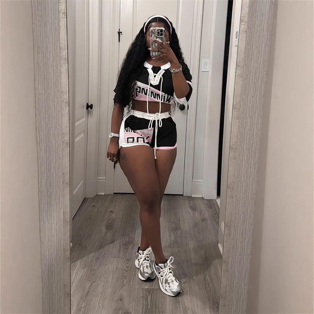 2025S Designer Women S Set Summer Casual Lace Up Tricolor Letter Printed Short Sleeved Top Waist Length Shorts Set For Women