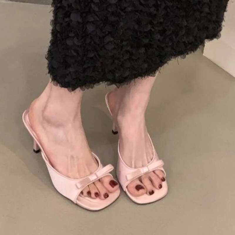 Slipper Mules Low High Heels Shoes Summer Best Street Look Females Square Head Open Toe bow Strappy Sandals Women