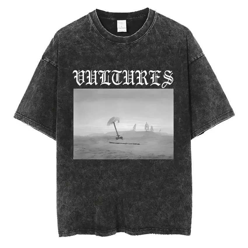 Rap singer Vultures mens hip-hop retro wash T-shirt fashion O-neck T-shirt topXJ250409