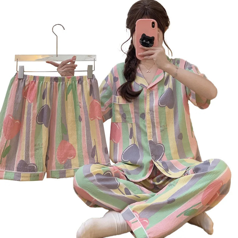 Womens three piece pajamas home wear striped printed dopamine colorful clouds cotton short sleeves girls 250409