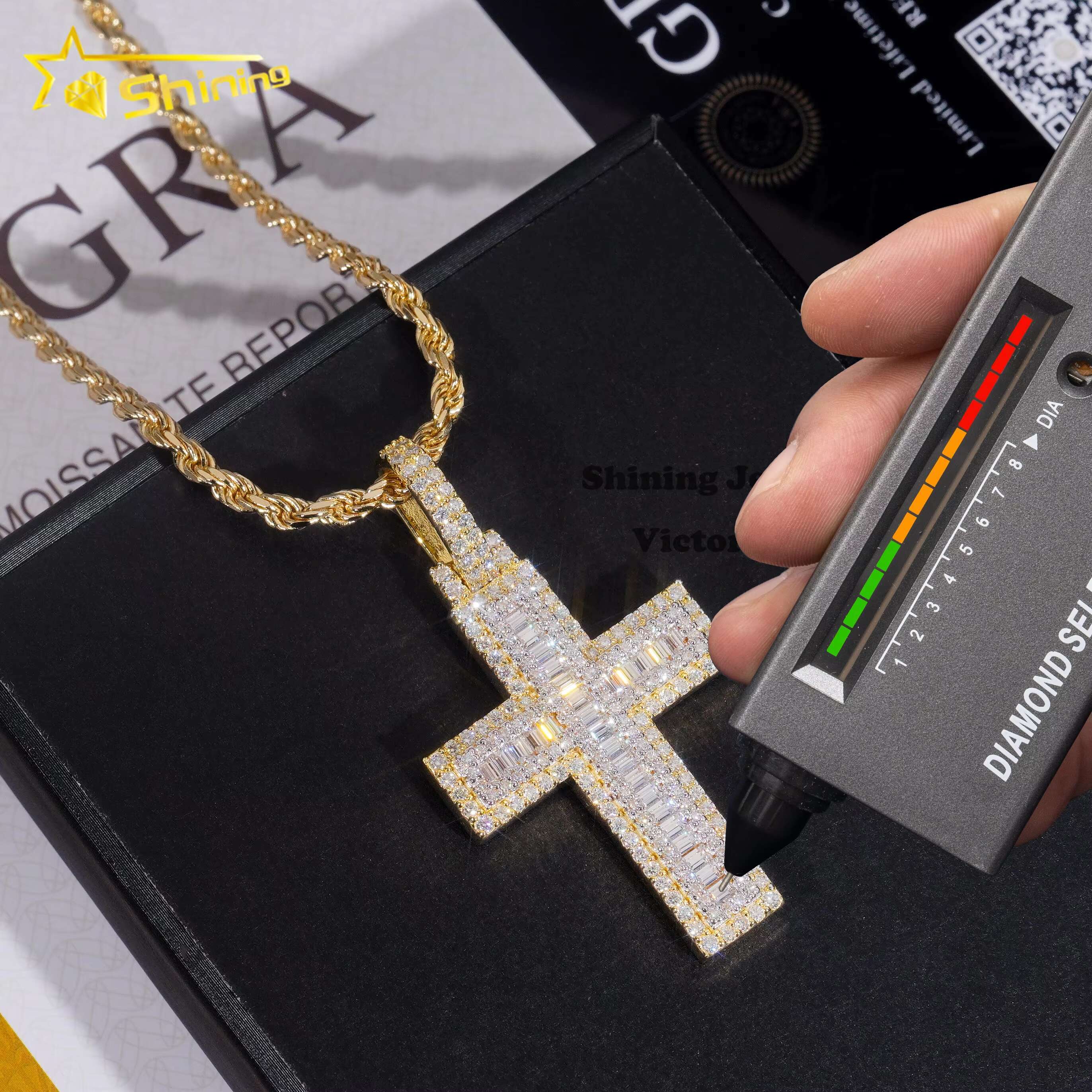 Custom Hip Hop Jewelry 925 Silver Yellow Gold Two Tone VVS Moissanite Diamond Baguette Cross Pendant for Men Women