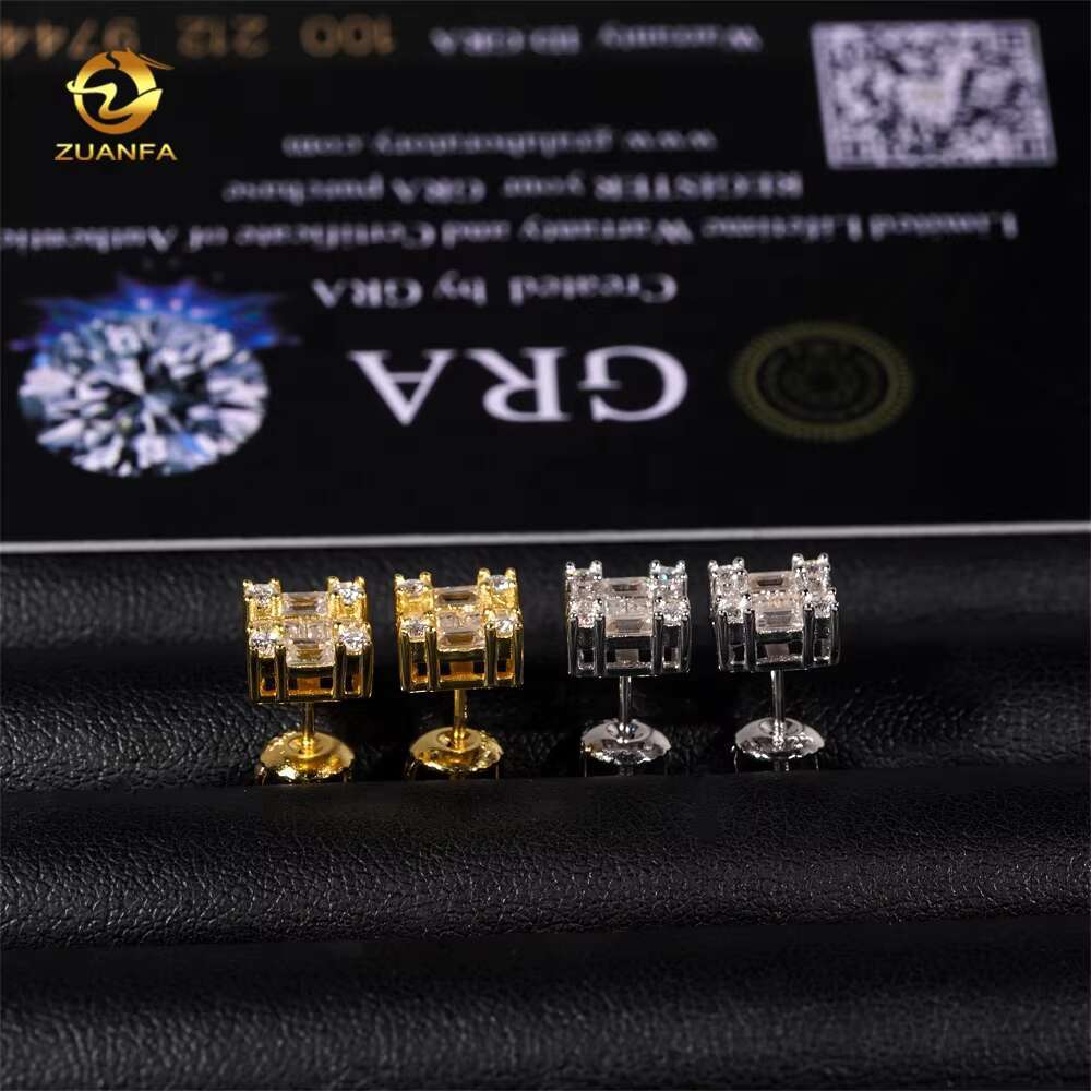 Wholesale Price Factory Directly High Quality Hip Hop Baguette Moissanite Studs 925 Sterling Silver Diamond Earring
