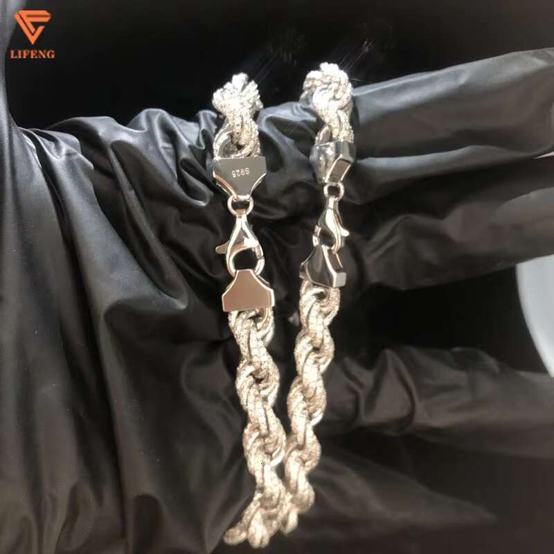 Fashion Jewelry White Gold 925 Sterling Silver Bracelet Iced Out 8 mm VVS Moissanite Hip Hop Rope Chain Charm Bracelet for Men